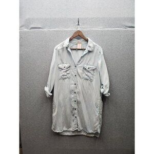 Womens Philosophy Light Wash Button-Up Tencel Shirt Dress W/ Roll Tab Sleeves &